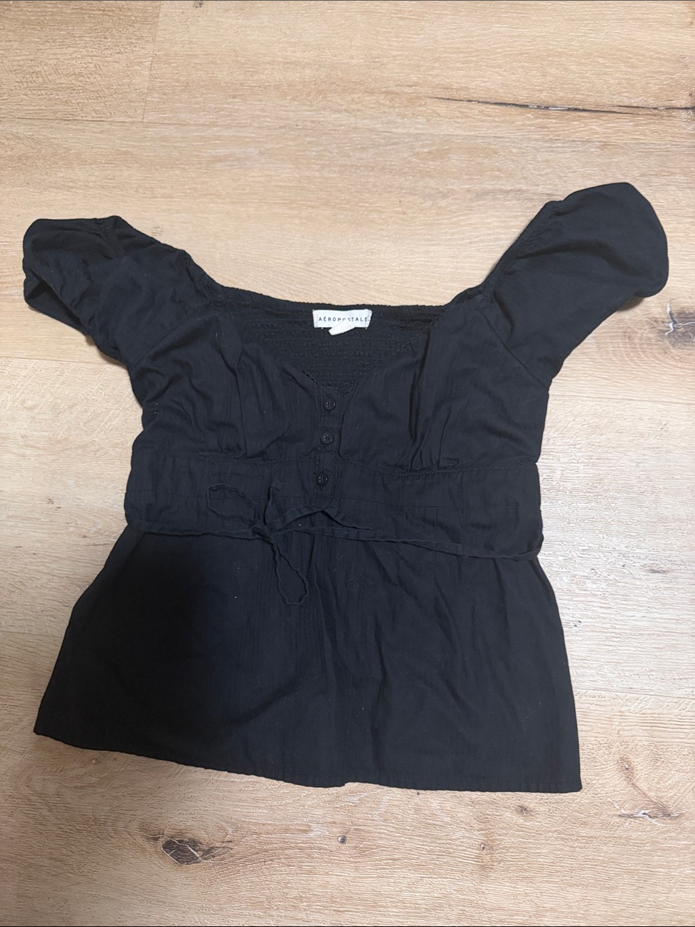 Aeropostale Black Smocked Button Peasant Top